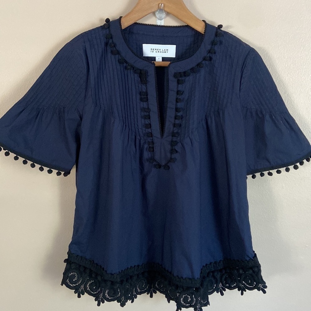 DEREK LAM 10 CROSBY- Pintucked Poplin Eyelet Top in Navy - Picture 3 of 7